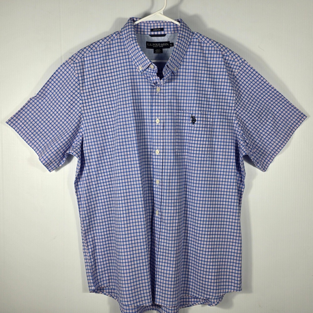 US Polo Assn Mens XL Blue Gingham Check Short Sleeve Stretch Button Down Shirt